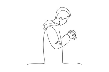 Simple continuous line drawing of A young man who has a hobby of photography is looking at the results of his photo shoots, namely taking photos. Hobby minimalist concept, weekend activity.