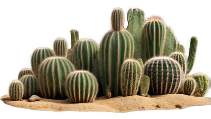 Diverse cacti cluster on desert sand transparent background