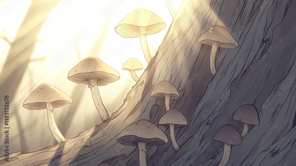 Poster a serene forest scene featuring mushrooms growing on a tree trunk illuminated by soft light.