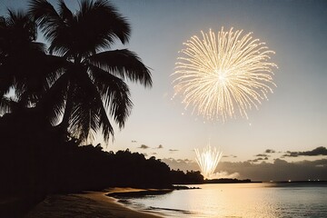 Tropical beach fireworks display at sunset with palm trees and ocean reflection