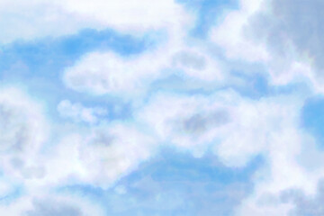 Watercolor daytime sky vector illustration. Vast sky, blue background, white blue clouds. Clouds of various sizes and shapes.