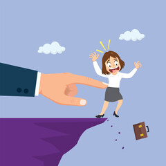 Cartoon Pushing Female Employee Off Cliff Vector Illustration.