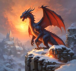 Naklejka premium Illustration of dragon sitting on castle wall.