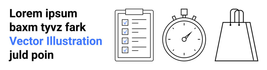 Clipboard with checklist, stopwatch, shopping bag, and placeholder text. Ideal for productivity, time management, shopping, planning organization task management business presentations. Landing