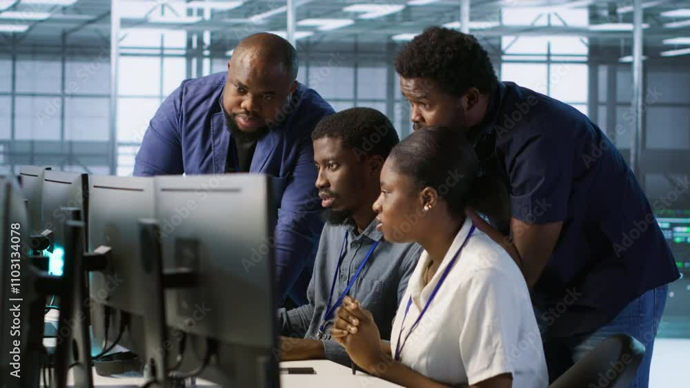 Poster teamworking engineers talking in server room, developing disaster recovery plans ensuring minimal do