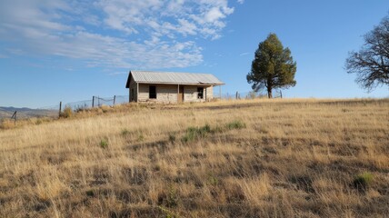Obraz premium Abandoned cabin on a hill, with a broken fence and overgrown weeds encircling the house abandoned cabin, forgotten hilltop