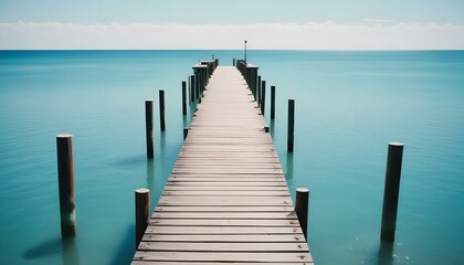 Naklejka premium Un largo muelle de madera que se extiende hacia un tranquilo océano azul turquesa bajo un cielo azul claro