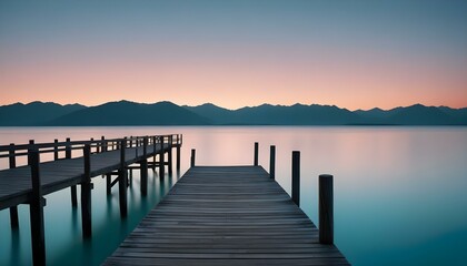 Obraz premium Un largo muelle de madera que se extiende hacia un tranquilo océano azul turquesa bajo un cielo azul claro