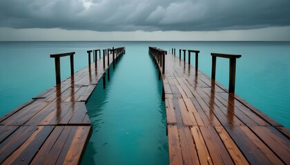 Fototapeta premium Un largo muelle de madera que se extiende hacia un tranquilo océano azul turquesa bajo un cielo azul claro