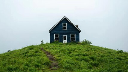 Fototapeta premium Abandoned cottage on a foggy hill, with overgrown paths and broken windows abandoned cottage, eerie landscape