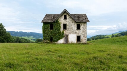 Obraz premium Abandoned stone house on a grassy hill, with ivy growing up its crumbling walls abandoned house, overgrown ruins