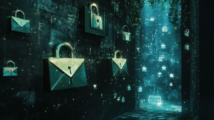 Enigmatic Passageway with Magical Locks and Glowing Lights