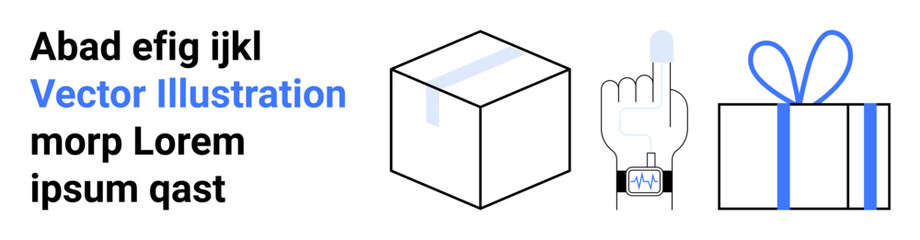 3D cube, hand wearing wristwatch pointing upwards, and gift with blue ribbon beside sample text. Ideal for technology, packaging, gifts, minimalism, modern design, marketing and presentations