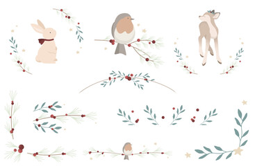 Cute christmas design line with baby forest animals and different corner, divider and frame elements