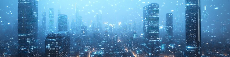 Obraz premium Snowy cityscape bathed in blue twilight hues