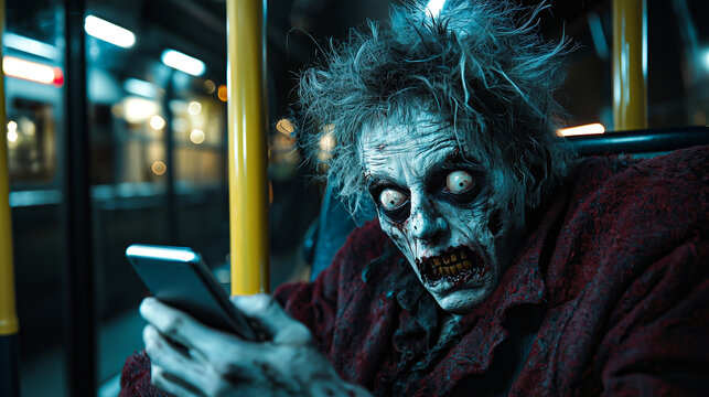 Close-up of a Zombie in a Bus Seat, Blankly Staring at Smartphone