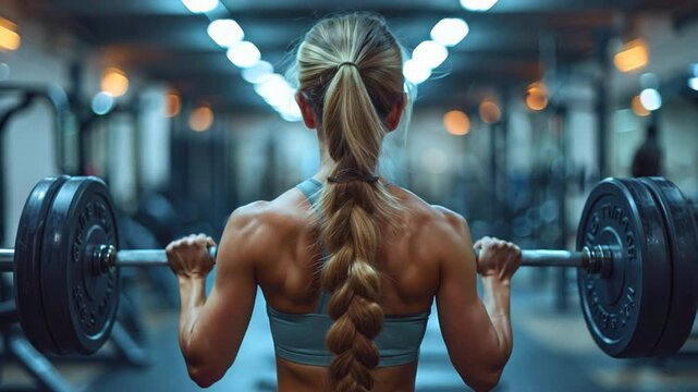 A sporty, slim woman is seen from the back, holding a heavy weight in the gym, showcasing dedication and strength in fitness training. VDO 4k ProRes
