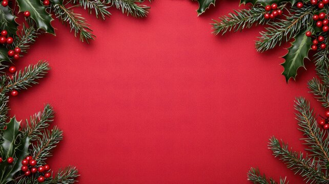 Christmas menu mockup with a festive border of holly and berries, placed on a red tablecloth   Christmas menu, holiday dining