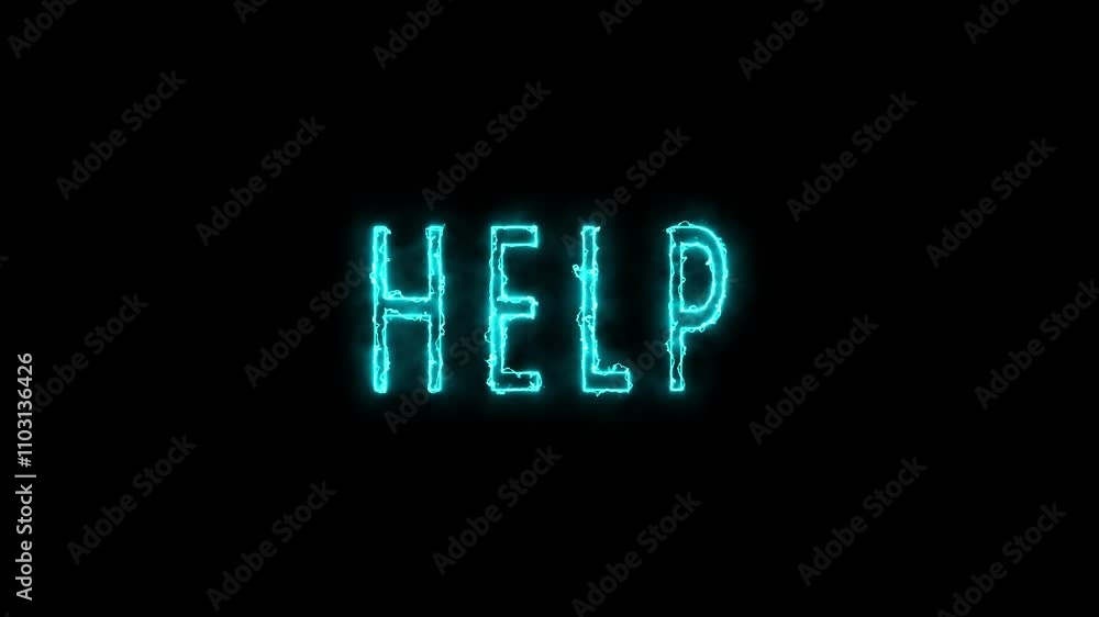 Poster black background glowing neon line signboard with text help icon isolated cyan color icon.