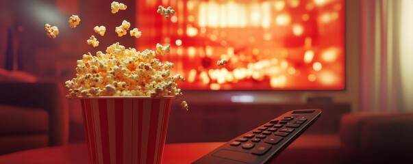 Close up of bowl of popcorn and remote control with tv works on background,Buckets with tasty popcorn on table,The color bright lighting, blue and red.Relax at home concept.