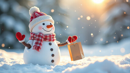Obraz premium Cute happy Snowman Holding Shopping Bags on a bright sunny day on a winter snowy background with copy space. Concept of Winter sale and Family Fun active leisure