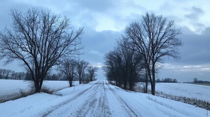 Winter journey through snowy landscape rural road photography frosty environment scenic view