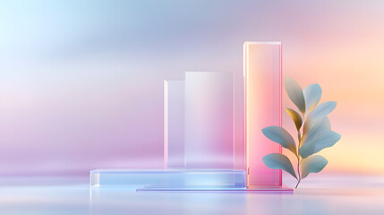 3d render, abstract geometric background, translucent glass with violet pink blue gradient, simple...