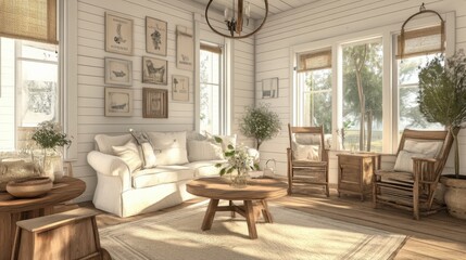 Fototapeta premium Cozy and Bright Living Room with Natural Decor and Sunlight