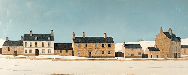 Fototapeta premium Snowy Village Scene Quaint Houses Winter Landscape Architectural Details