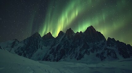 Dynamic patterns of aurora borealis glowing vividly over the snowy peaks of a mountain range