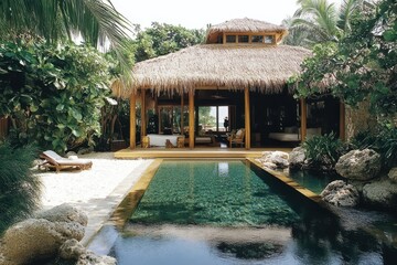 Tropical oasis: luxurious bamboo beachfront villa with lush poolside retreat