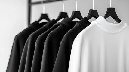 Obraz premium Black and white fashion pieces on black hangers in luxury store stylish clothing rack display,modern fashion blog aesthetic,Business fashion,social media,shopping mall,sale online,Fashion blog.