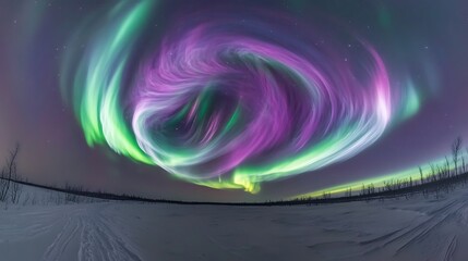 Green and purple aurora lights intertwining over an expansive frozen tundra