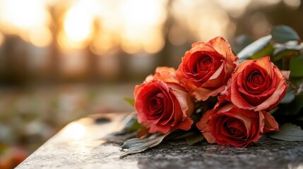 A cluster of orange and red roses with soft tips lying on a dark gravestone, artistically capturing the interplay of light and shadow in a somber setting.