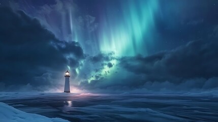 A lonely lighthouse shining under a radiant aurora display along a frozen coastline