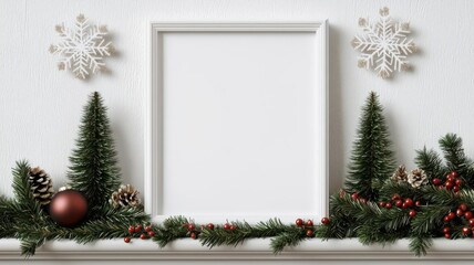 Christmasthemed photo frame mockup with glittery snowflakes, displayed on a mantel with holiday garlands   photo frame, festive decoration