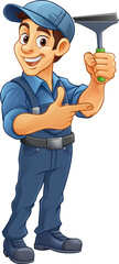 A window cleaner or car wash cartoon mascot man holding a cleaning squeegee and pointing