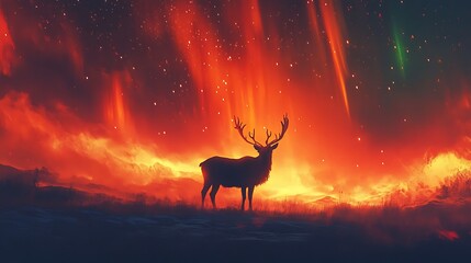 Reindeer standing on an open plain under the vibrant display of northern lights