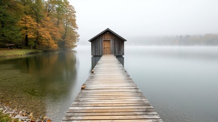 Cottage with a rustic wooden dock leading out onto a misty lake, with soft morning light streaming through the trees   wooden dock, misty lake morning