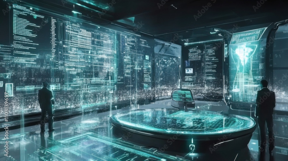 Poster futuristic control room with holographic displays and data streams