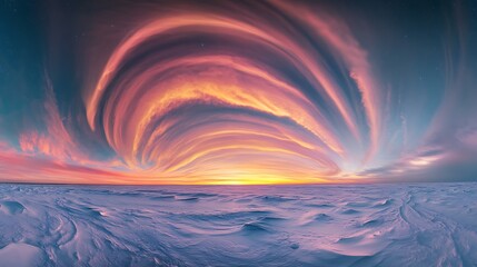 Colorful ribbons of aurora light curving over the horizon of an icy tundra