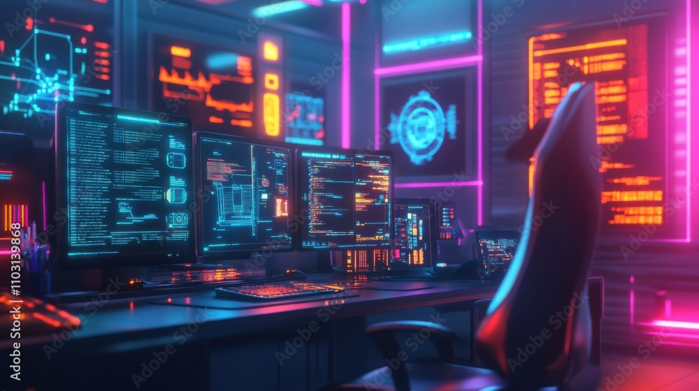 Poster futuristic tech workspace with neon displays and digital interfaces