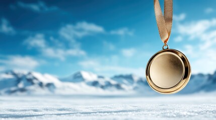 A radiant gold medal, tied from its ribbon, is placed against a backdrop of snowy mountains, symbolizing excellence, perseverance, and majestic achievement.