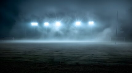 Foggy Night Football Field Illuminated By Lights