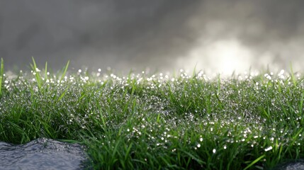 Fototapeta premium A serene landscape featuring dew-covered grass beside a flowing stream.