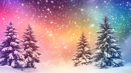 Snow-covered pine trees glowing faintly under a sky filled with colorful aurora lights