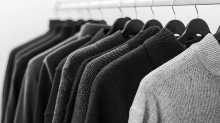 Obraz premium Black and white fashion pieces on black hangers in luxury store stylish clothing rack display,modern fashion blog aesthetic,Business fashion,social media,shopping mall,sale online,Fashion blog.