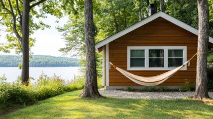 Cozy lakefront house with a hammock tied between two trees, gently swaying in the breeze   hammock by the lake, peaceful retreat