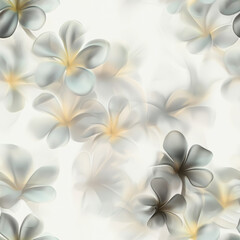 Fototapeta premium art, icm, motion, a seamless pattern that can be printed on a fabric. contains exotic and tropical flowers , tropical big leafs, background should be a peachy orange leafs should be blue and ecru, 