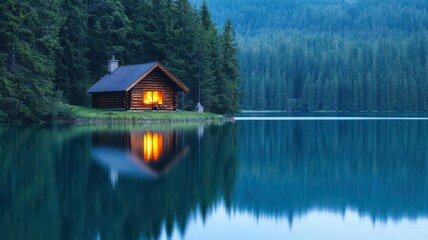 Obraz premium Cozy log cabin with a roaring fire inside, reflecting onto the calm lake waters outside log cabin, lakeside warmth